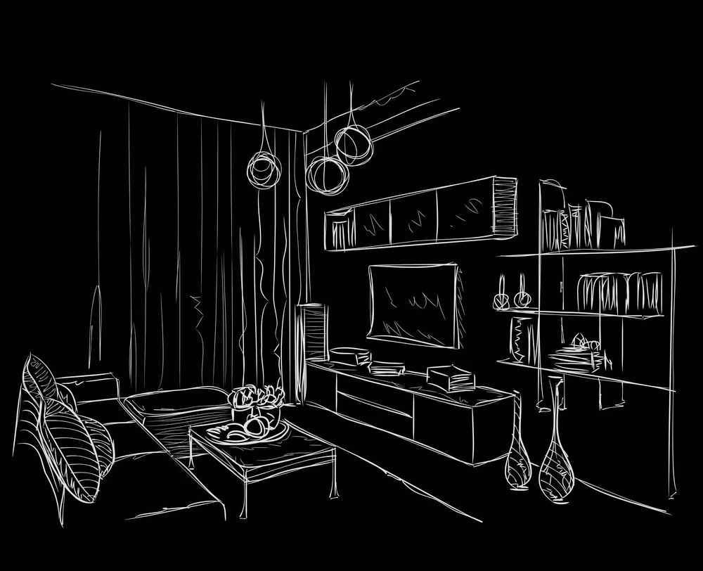 Line sketch of a living room interior